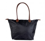 Nylon Small Shopping Tote w/ Leather Like Handles - Black -BG - HD1641BK