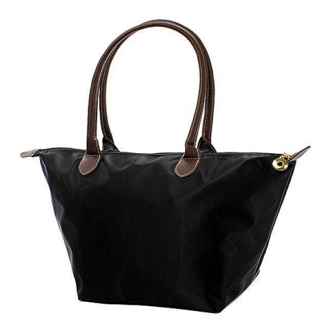 Nylon Medium Shopping Tote w/ Leather Like Handles - Black - BG-NL2016BK