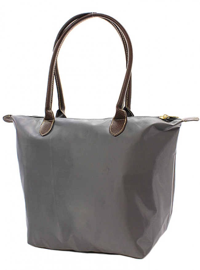 Nylon Medium Shopping Tote w/ Leather Like Handles - Gray - BG-NL2017GY