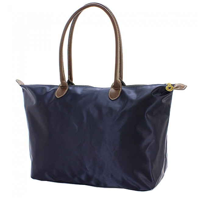 Nylon Large Shopping Tote w/ Leather Like Handles - Navy - BG-NL2018NV