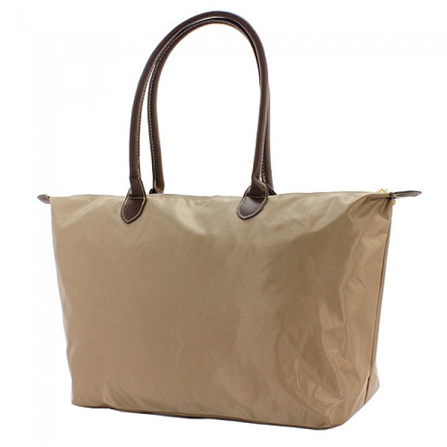 Nylon Large Shopping Tote w/ Leather Like Handles - Taupe - BG-NL2018TP