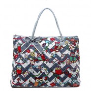 Quilted Cotton Shopping Tote Bag - Owl & Chevron Printed - Grey - BG-OW303GY