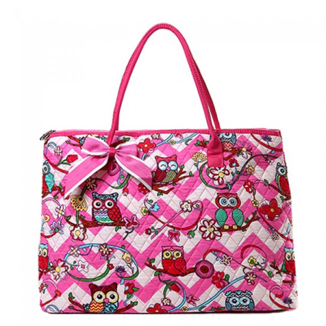 Quilted Cotton Shopping Tote Bag - Owl & Chevron Printed - Pink - BG-OW303PK