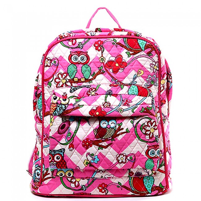 Quilted Cotton Backpack - Owl & Chevron Printed - Pink - BG-OW402PK