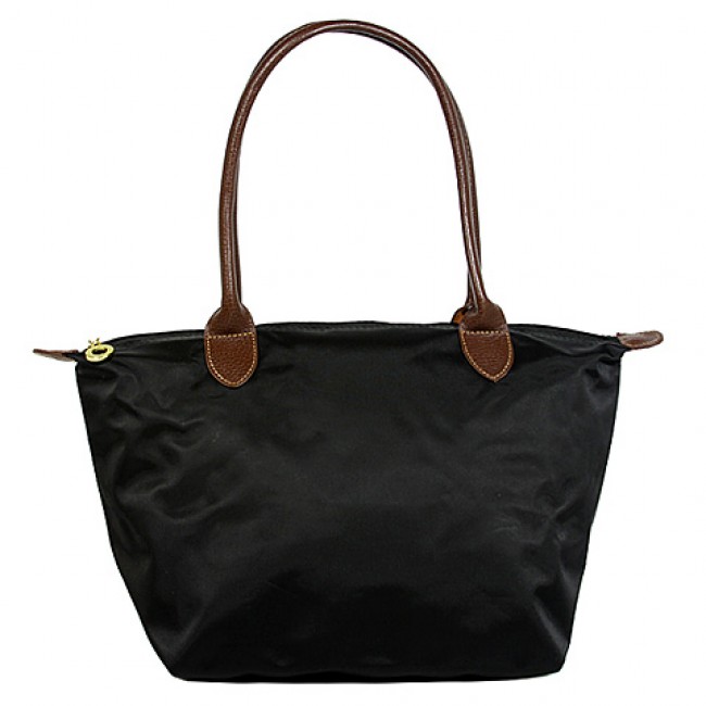Nylon Small Shopping Tote w/ Leather Like Handles - Black