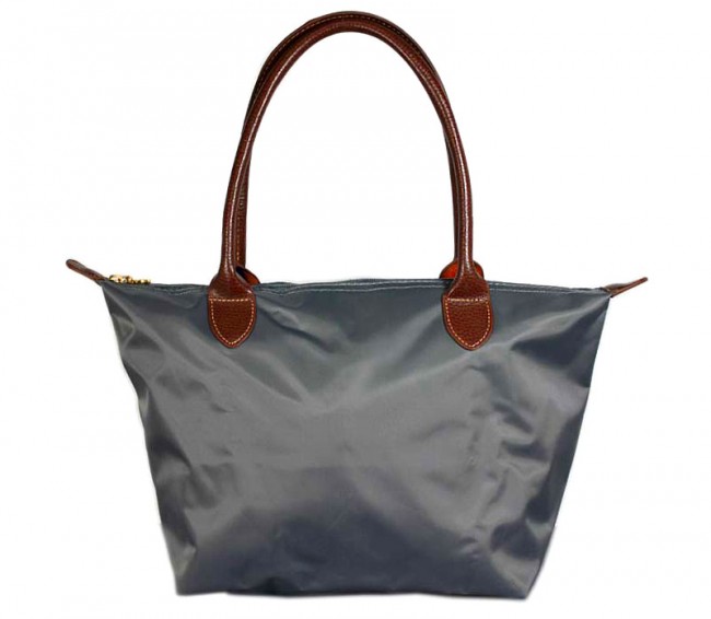 Nylon Small Shopping Tote w/ Leather Like Handles - Grey -BG-HD1361GY