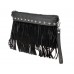 Shoulder/ Clutch Bags - Accent w/ Metal Studs & Fringes - Black - BG-15-725BK