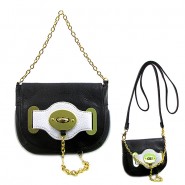 Pebble Leather-like Small Flap Purse w/ Metal Chain Strap And Twist Lock - Black - BG-H6364BK