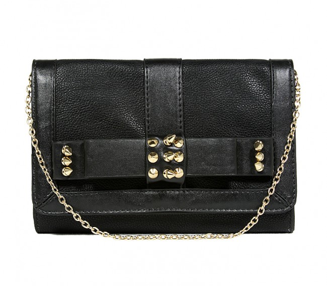 Pebble Leather-like Shoulder Bag w/ Spiky Studded Bow Flap - Black - BG-HD1437BK