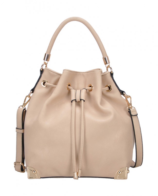 Draw String Bucket Bag w/ Detachable Shoulder Strap - Bone - BG-W5060BONE