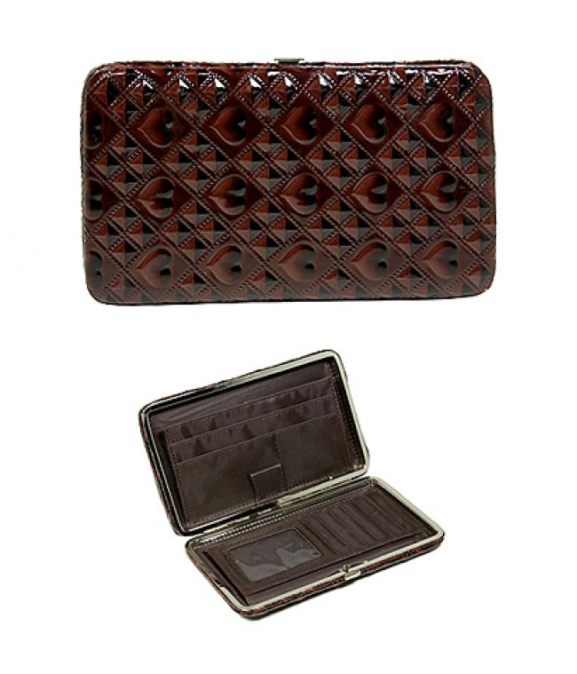 Wallet - Flat Wallet - Shinny Embossed Hearts - Brown- WL-HF7060BN