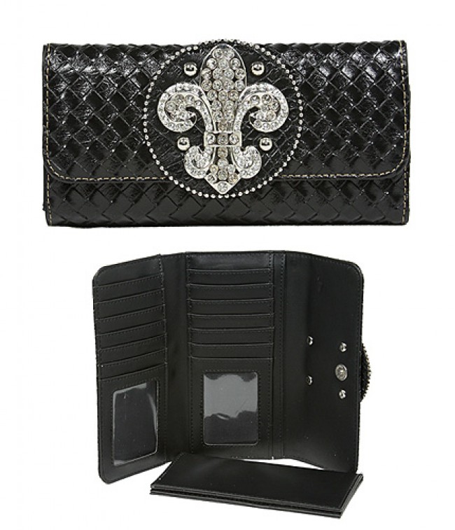 Wallet - Fleur de Lis Charm Wallet/Leather Like - Black-WL-W119BK